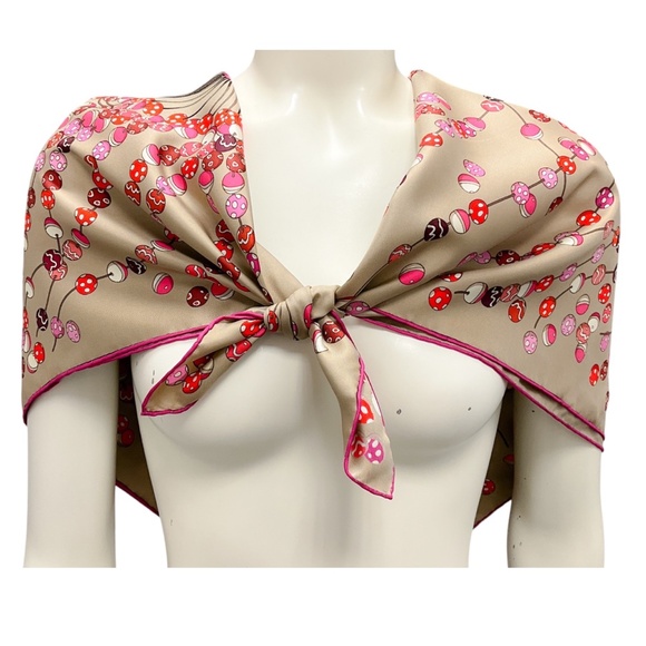 HERMES TAUPE / PINK MULTI DANCING PEARLS PRINT SQUARE SILK TWILL SCARF - Picture 2 of 7